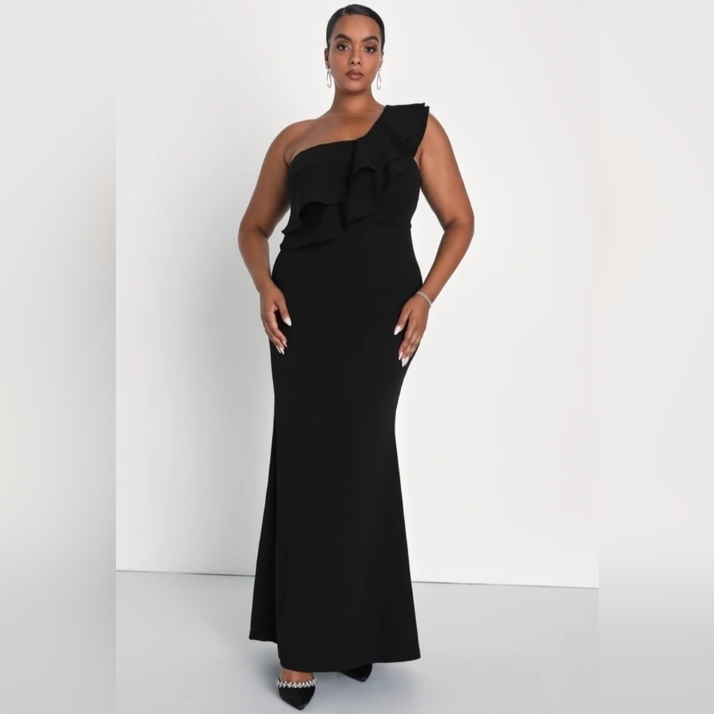 NWOT Lulu's Black Ruffled One-Shoulder Mermaid Maxi Dress Size 2X=20/22